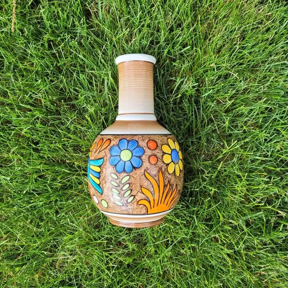 Hand Painted Folkart Floral Ceramic Vase with Birds 8 inch Cuernavaca Mexico